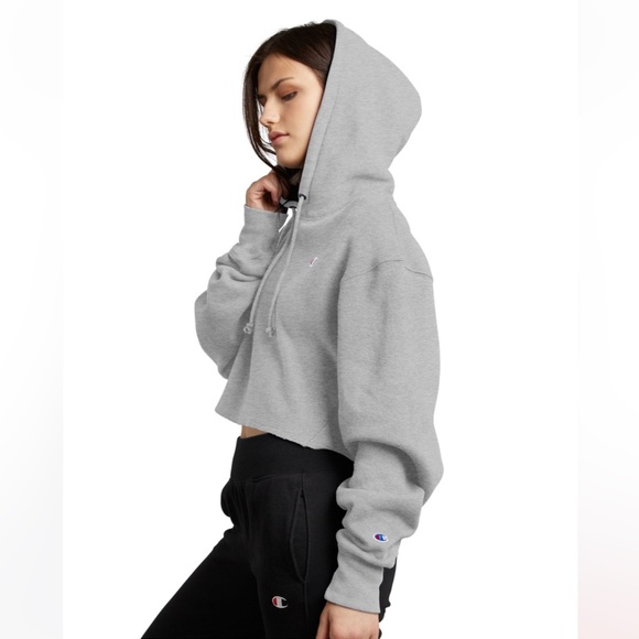 Champion Reverse Weave Cropped Cut Off Grey Hoodie Size L - Picture 3 of 9